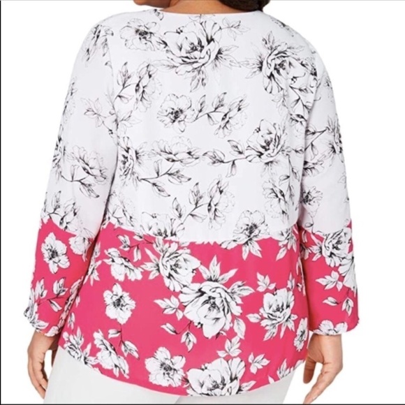 NEW Alfani Plus Top Blouse White Fuchsia Floral Peony Long Sleeves V Neck 0X - Picture 2 of 8
